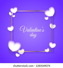 Stylish lettering of valentine's day on purple background decorated with heart shapes.