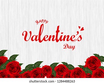 Stylish lettering of valentine's day on wooden texture background decorated with rose flowers can be used as poster or banner design.