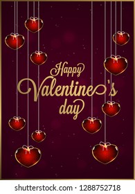 Stylish lettering of valentine's day on brown bokeh background decorated with hanging heart shapes. Can be used as greeting card design.