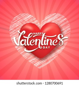 Stylish lettering of valentine's day with realistic heart shapes on red rays background.