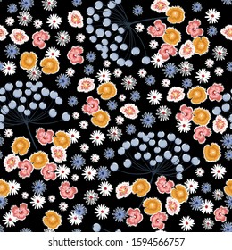 Stylish of liberty small booming floral berries and meadow flowers seamless pattern in vector,Dessign for fashion,fabric,wallpaper,wrapping and all prints on black background.