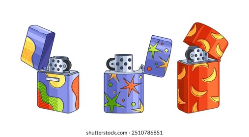 Stylish Lighters Displaying Vibrant Designs On White Background. Each Lighter Features Unique Patterns And Bold Colors