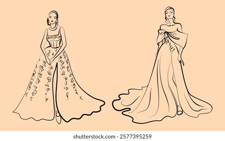 Stylish line art depicting two women in elegant dresses