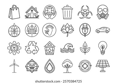 Stylish Line Art Environmental Icons for Promoting Sustainability, Clean Energy, and Eco-Conscious Practices