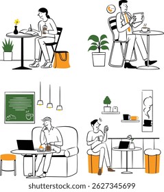 A stylish line art illustration set showing cozy solo work moments at cafes. Features people working on laptops, drinking coffee, writing, or on calls in relaxed cafe interiors and exteriors.