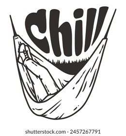 Stylish line art relaxed person chilling in a hammock with mountain and forest outlines for depicting the joy of camping and hiking in nature.