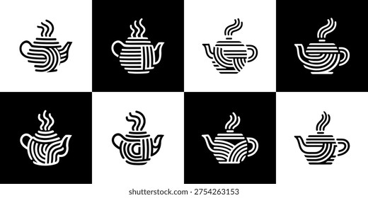 Stylish line art vector icons of various teapots with steam, ideal for cafes, restaurants, food blogs, or beverage-related branding.