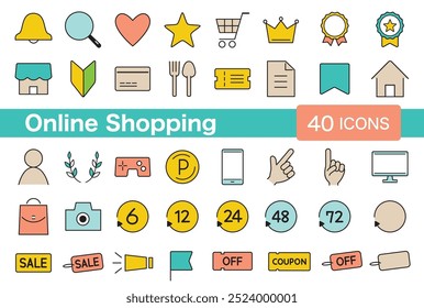 Stylish line drawing icons for online shopping (set of 40)