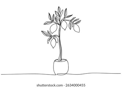 Stylish line drawing of a lemon tree in a decorative pot on a minimalist background