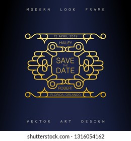 Stylish linear art deco frame. Quirky but elegant design. Golden ornament. Vector template