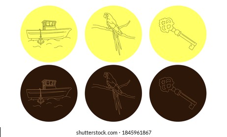 Iconos lineales de diseño para realce en amarillo y marrón. Ilustraciones de color pastel sin relleno. Iconos para Instagram sobre el tema de la aventura, los viajes, los trópicos y África.  Loro, barco y llave.