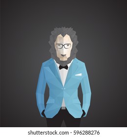 Stylish lion in blue jacket. Dark gray background.