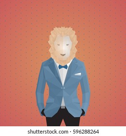 Stylish lion in blue jacket. Hot background.