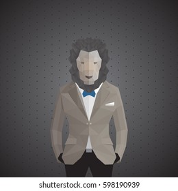 Stylish lion in gray jacket. Dark gray background.