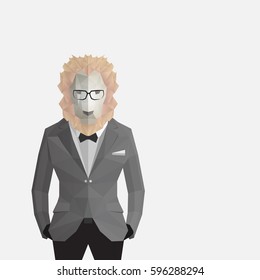 Stylish lion in gray jacket .White background.