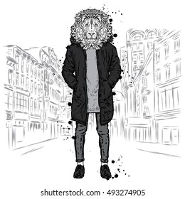 Stylish lion in a jacket and jeans. Vector illustration for greeting card, poster, or print on clothes. Fashion & Style.