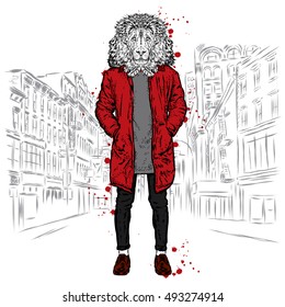 Stylish lion in a jacket and jeans. Vector illustration for greeting card, poster, or print on clothes. Fashion & Style.