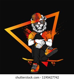 Stylish lion-skater in jeans and sneakers. Skateboard. Vector illustration for a postcard or a poster, print for clothes. Street cultures. Leo.