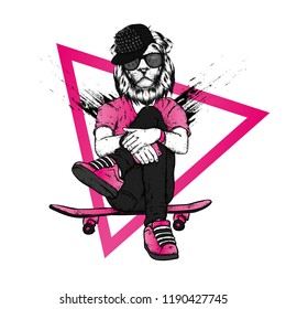 Stylish lion-skater in jeans and sneakers. Skateboard. Vector illustration for a postcard or a poster, print for clothes. Street cultures. Leo.