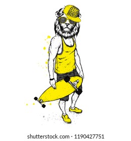 Stylish lion-skater in jeans and sneakers. Skateboard. Vector illustration for a postcard or a poster, print for clothes. Street cultures. Leo.