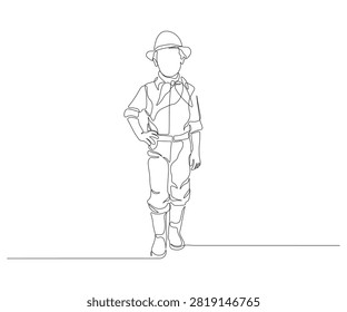 Stylish Little Boy Wearing a Hat and Standing Confidently, Minimalist One Line Art Illustration of Childhood Fashion, Self Confidence, Casual Style, Innocence and Modern Kid Portrait