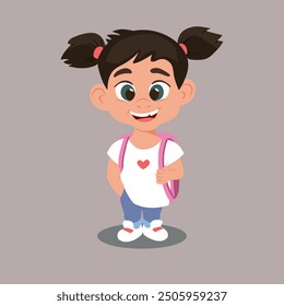 Elegante señorita con dos divertidas coletas, vestida con camiseta blanca, jeans azules y zapatillas blancas, con una mochila púrpura. Ilustración vectorial colorida de una niña feliz con una sonrisa alegre