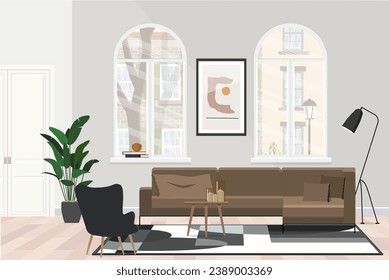 Stylish living room interior with comfortable sofa and beautiful pictures on wall