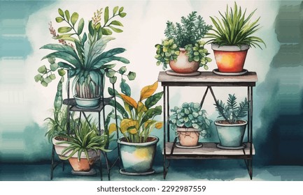 Stylish living room interior with compositon of beautiful plants in differents hipster and design pots on the green shelf. Green wall. Template it's watercolor painting.