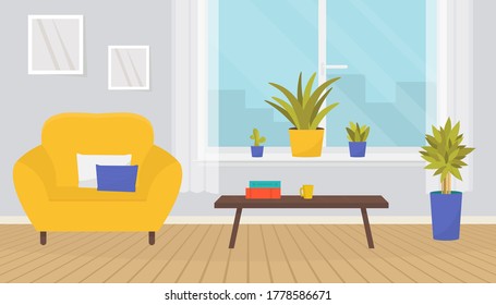 Stylish living room interior with furniture. Soft armchair, coffee table, wall pictures, plants on the windowsill. Home design. Modern apartment with wood floor and big window.
