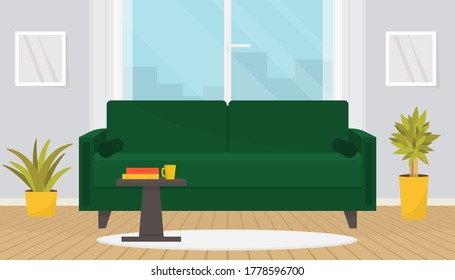 Stylish living room interior with furniture. Cozy sofa, coffee table, wall pictures, house plants. Home design. Modern apartment with wood floor and big window.