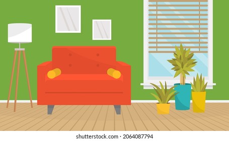Stylish living room interior with furniture. Soft armchair, floor lamp, wall pictures, plants. Home design. Modern apartment with wood floor and window.