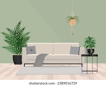 The stylish at living room interior with green wall, grey sofa, coffee table and elegant personal accessories. 