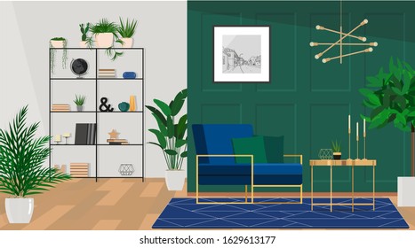 Stylish living room interior idea with green, blue and gold colors