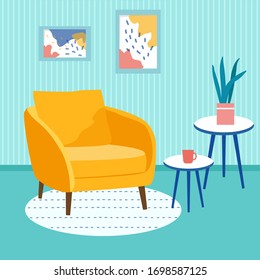 Stylish living room interior: sofa, armchair, coffee table, plants in pots, carpet, canvas. Interior with comfy furniture and home decorations. Large, comfortable yellow armchair. Vector illustration