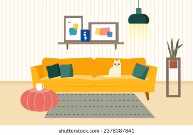 Stylish  living room interior - sofa, coffee table, plant in pots, lamp, home decorations. Modern comfy apartment furnished. Flat colorful vector illustration