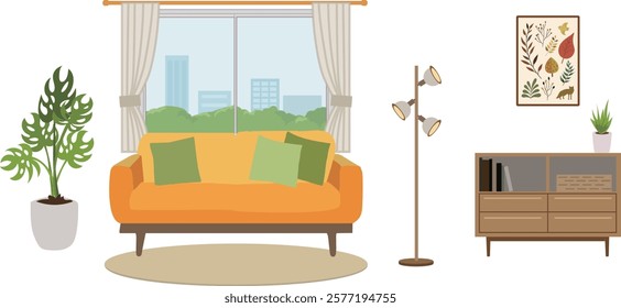 Stylish living room with sofa and cabinets