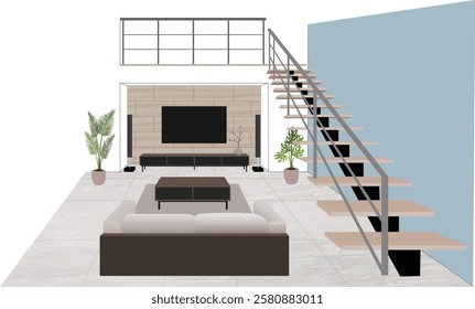 Stylish living room with sofa, stairs and TV