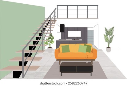 Stylish living room with sofa, stairs and kitchen