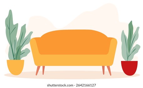 A stylish living space featuring a bright orange sofa positioned between two decorative potted plants. The modern design emphasizes comfort and freshness, ideal for relaxation