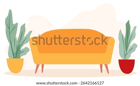 A stylish living space featuring a bright orange sofa positioned between two decorative potted plants. The modern design emphasizes comfort and freshness, ideal for relaxation