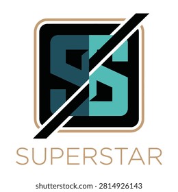 A stylish logo design featuring a modern letter S monogram inside a square frame with a diagonal slash, accompanied by the word Superstar in a clean serif font.