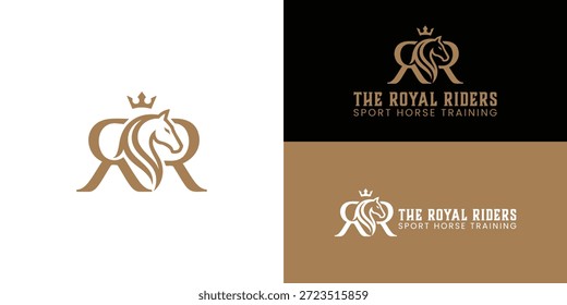 O logotipo elegante apresenta uma letra espelhada R, um perfil de cavalo e uma coroa. A cor dourada significa prestígio e excelência no treinamento equestre.
