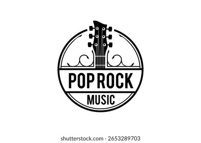 Um logotipo elegante com um headstock de guitarra elétrica dentro de um emblema circular. Perfeito para bandas de pop rock ou negócios relacionados à música.