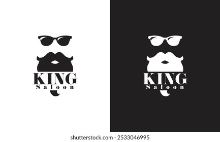 Um logotipo elegante com o nome "King Saloon" colocado entre uma barba detalhada, bigode e óculos. Ideal para barbearias ou empresas de higiene pessoal, refletindo sofisticação e masculinidade.