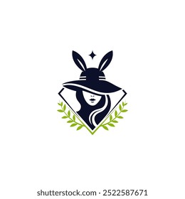 Stylish logo featuring a woman with bunny ears and a hat. Logo, vector, emblem, label, badge. template