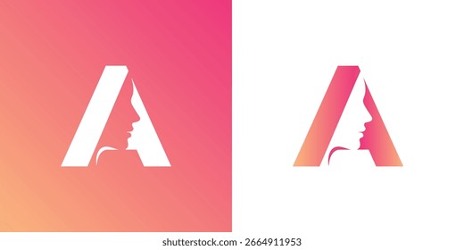 Um logotipo elegante da letra 'A' integrado com um perfil lateral sereno de uma mulher, perfeito para a beleza, moda, bem-estar e marcas de cosméticos que procuram um olhar elegante.