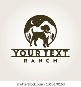 A stylish logo for ranch featuring a dog in front of a southwestern landscape