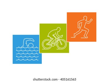 Stylish logo for triathlon on white background. Vector set of silhouettes of athlete. Outline figure triathlete. Modern vector symbol for triathlon.