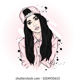 Stylish long-haired girl in a cap. Vector illustration. Beautiful girl.