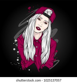 Stylish long-haired girl in a cap. Vector illustration. Beautiful girl.